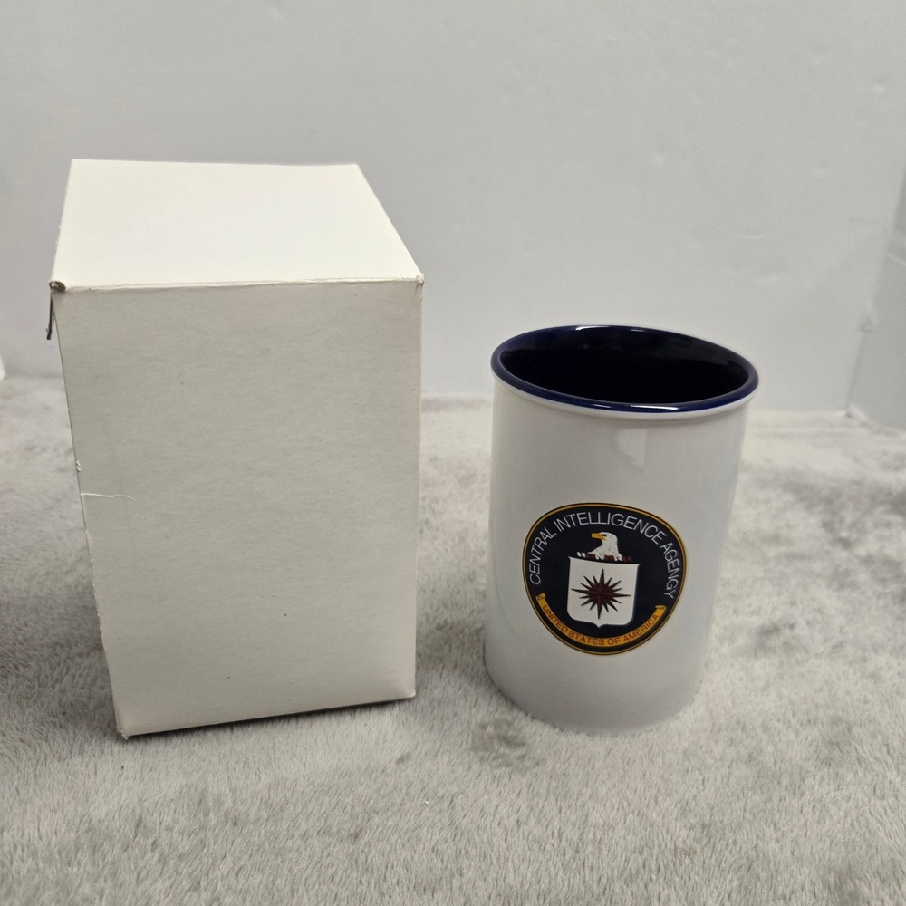 CIA Central Intelligence Agency Ceramic Tumbler Mug White Navy Blue with Box